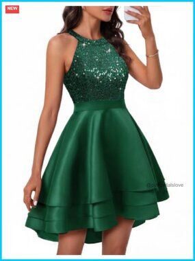 Sequin Halter High Low Formal Prom Homecoming Dress